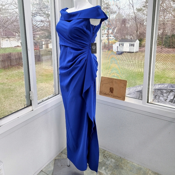 24 Hour Sale ⏰ Vince Camuto Off The Shoulder Royal Blue Crepe Column Ruched Gown - Picture 13 of 16